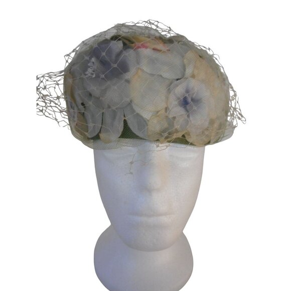 Vintage Women's Floral Capulet Hat with netting Blue Greens Union Made - Picture 1 of 8